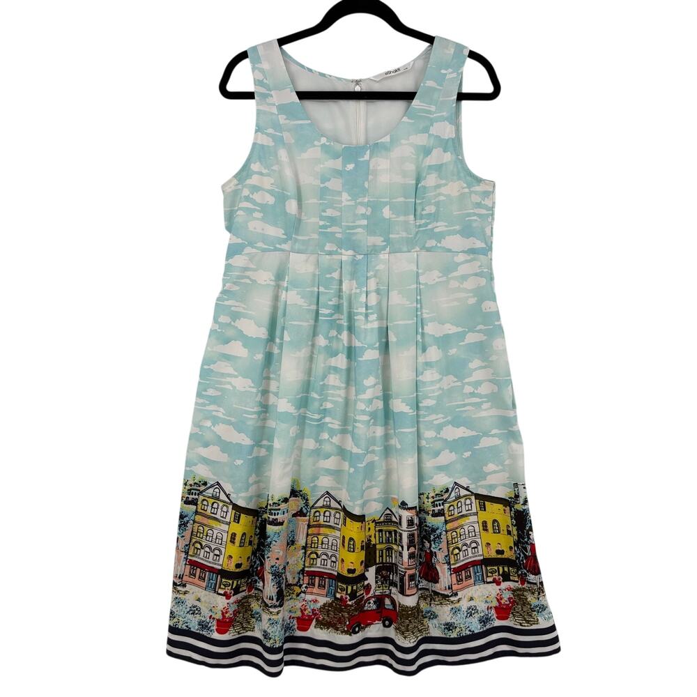 Eshakti Women Size 12 Dress Blue Havana Print Empire Waist Crepe Twee Pockets
